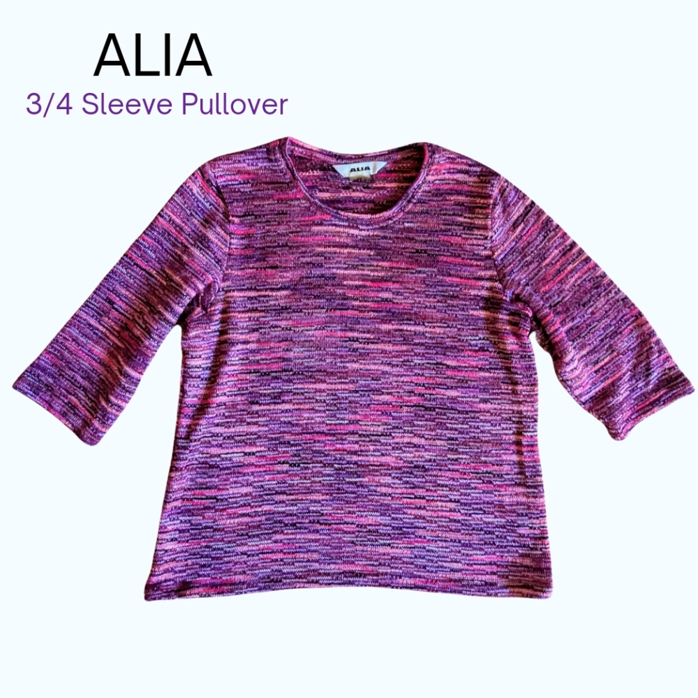 Alia size Med ladies EUC 3/4 Sleeve pullover, purple, pink knitted style pattern